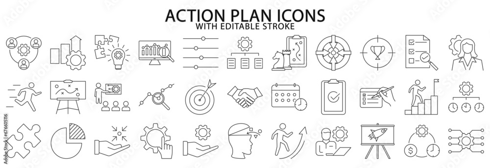 Action plan icons. Action plan icon set. Action plan line icons. Vector illustration. editable stroke.
