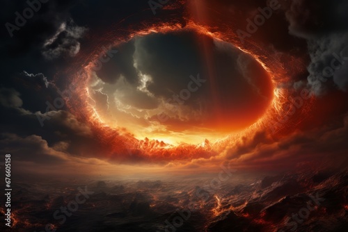 Fire cloud vortex black hole with a ring of fire Sun breaks through the ozone layer Generative Ai photo