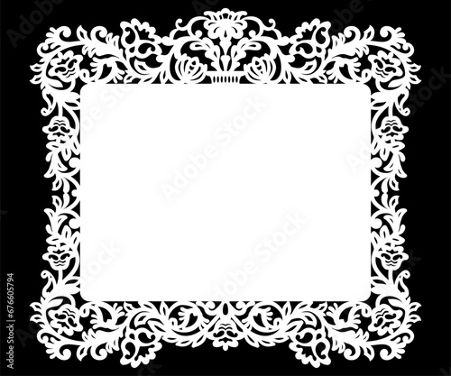 Frame with openwork cut border, rectangular paper doily, template for laser cutting, greeting card, wedding invitation Decorative die cut plate panel with lace edge