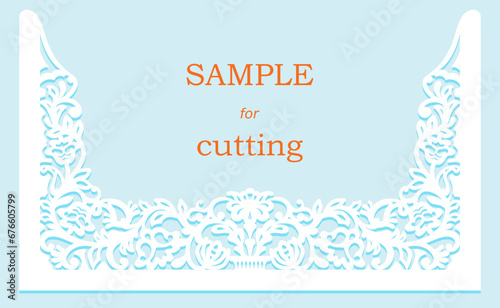 Carved half frame with openwork cut border, rectangular paper card, template for laser cutting, greeting pattern for wedding invite Decor die cut lace plate pane. Cutout silhouette