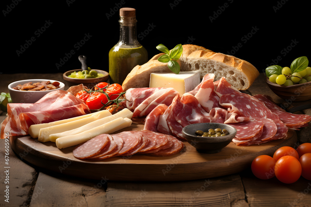 A traditional Italian antipasto platter, showcasing a variety of cured meats, cheeses, olives, marinated vegetables, and crusty bread slices. Ai Generated.NO.04