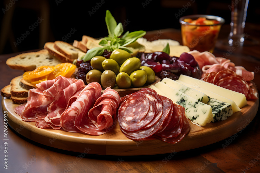 A traditional Italian antipasto platter, showcasing a variety of cured meats, cheeses, olives, marinated vegetables, and crusty bread slices. Ai Generated.NO.03