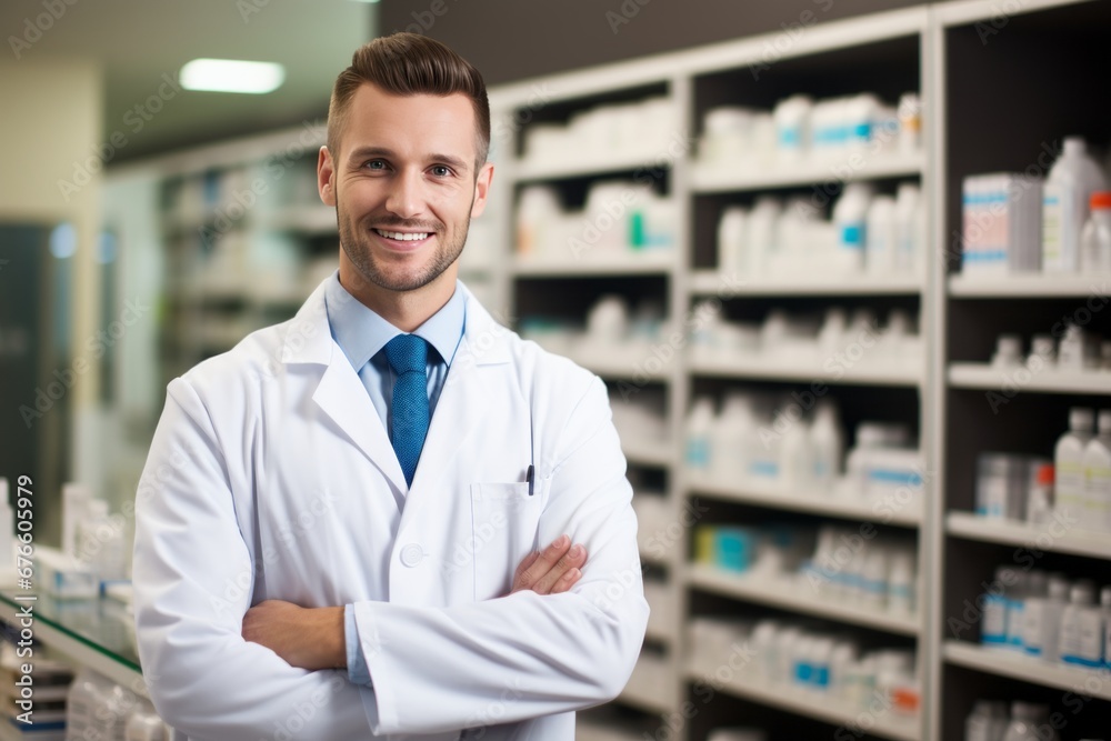 Fototapeta premium Friendly pharmacist in a white lab coat at the pharmacy Generative Ai