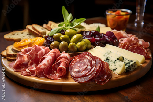 A traditional Italian antipasto platter, showcasing a variety of cured meats, cheeses, olives, marinated vegetables, and crusty bread slices. Ai Generated.NO.03