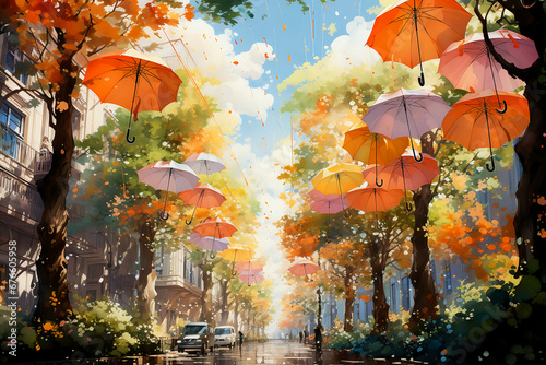 Watercolor painting, Hollywood style, looking up into a fall tree canopy with saturated fall colors, oak trees, maple trees, colored umbrellas hanging down from the tree tops, sunlight streaming from 