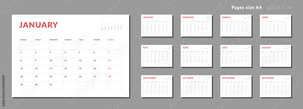 Set of Monthly page Calendar Planner Template on 2024. Vector layout horizontal of a wall or desk calendar with week start Monday. Pages for size A4 or 21x29.7 cm. Isolated Calendar grid for print. Set of Monthly page Calendar Planner Template on 2024. Vector layout horizontal of a wall or desk calendar with week start Monday. Pages for size A4 or 21x29.7 cm. Isolated Calendar grid for print.