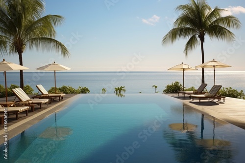 A stunning beachfront swimming pool surrounded by stylish deckchairs. Generative AI © Hakeem