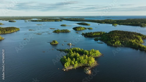 Aerial view around islands in the Kvarken archipelago, summer evening in Finland photo