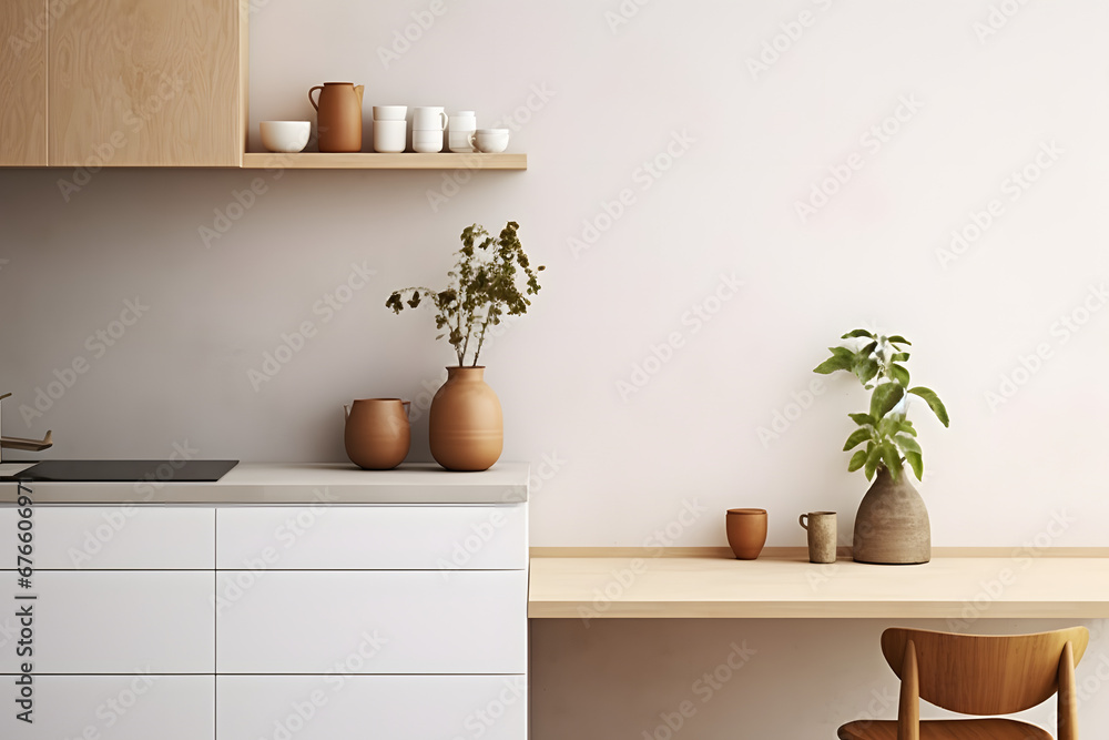 Stylish kitchen interior with furnitures, plants, and elegant personal accessories. Home decor. Interior design, minimalism, modern mood Stylish kitchen interior with furnitures, plants, and elegant personal accessories. Home decor. Interior design, minimalism, modern mood
