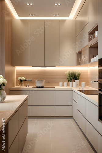 A modern minimalist kitchen in beige calm tones.