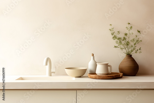 Stylish kitchen interior with furnitures, plants, and elegant personal accessories. Home decor. Interior design, minimalism, modern mood © toomi123