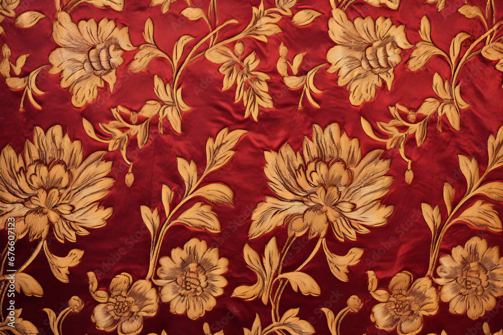 Classical burgundy and gold brocade, fabric surface material texture