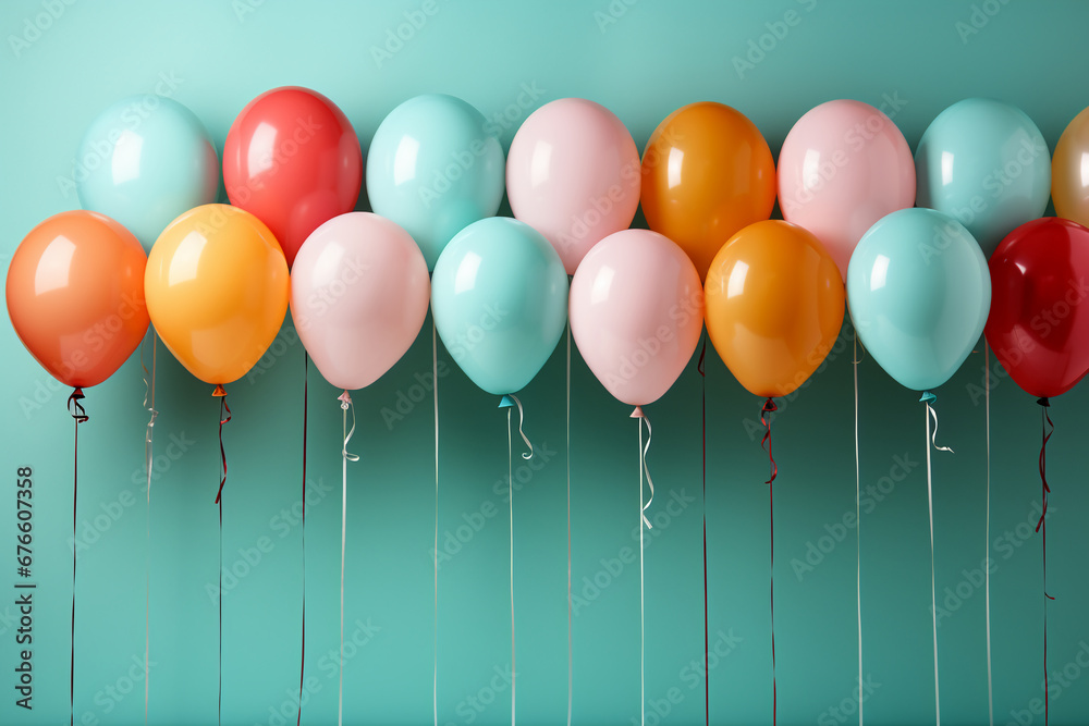 Lots of colorful balloons with ropes on a light green background, photo, without people Lots of colorful balloons with ropes on a light green background, photo, without people