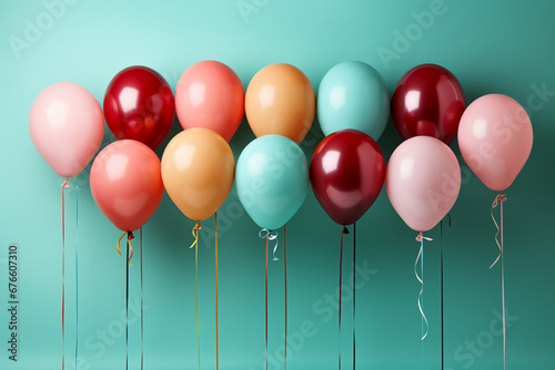 Lots of colorful balloons with ropes on a light green background  photo  without people