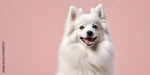 Studio portraits of a funny Japanese Spitz dog on a plain and colored background. Creative animal concept, dog on a uniform background for design and advertising.