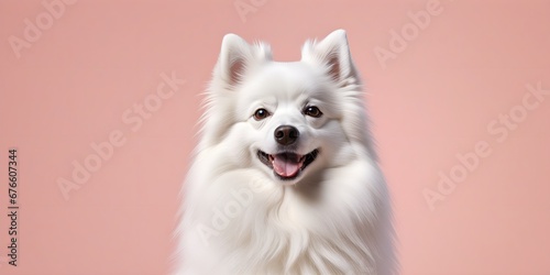 Studio portraits of a funny Japanese Spitz dog on a plain and colored background. Creative animal concept, dog on a uniform background for design and advertising. © 360VP