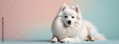 Studio portraits of a funny Japanese Spitz dog on a plain and colored background. Creative animal concept, dog on a uniform background for design and advertising.