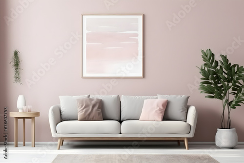 Stylish interior, plants and elegant personal accessories. Mock up image, home decor. Interior design, minimalism, calm beige tone © toomi123