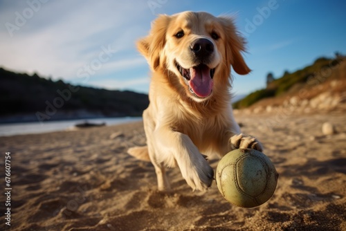 Happy Golden Retriever chasing a Tennis Ball Generative Ai © Moonpie