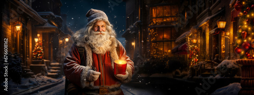 smiling Santa Claus stands on the background of an evening decorated street and holds a glowing candle in his hands