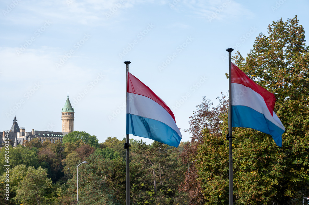 Views of flag of Luxembourg country in Luxembourg or Luxembourg City capital city and one of de facto capitals of European Union