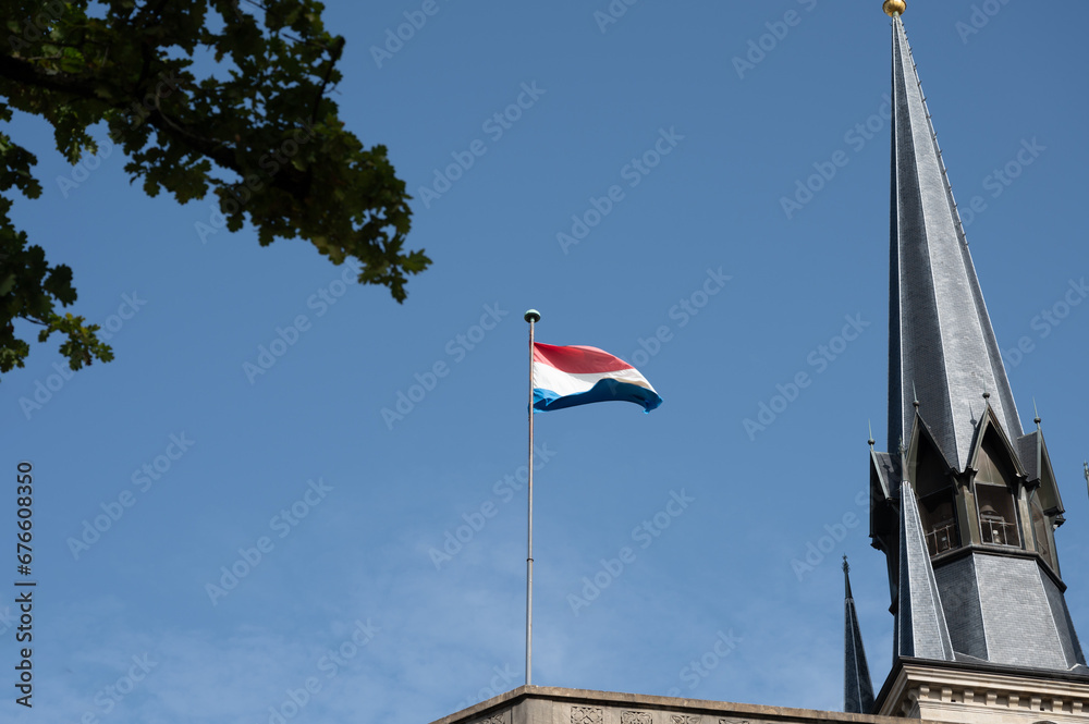 Views of flag of Luxembourg country in Luxembourg or Luxembourg City capital city and one of de facto capitals of European Union