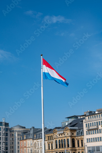 Views of flag of Luxembourg country in Luxembourg or Luxembourg City capital city and one of de facto capitals of European Union