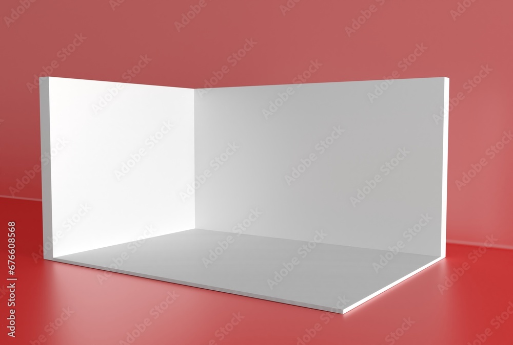 3D exhibition booth. Showroom. Square corner. Empty geometric square. Blank box template. White blank exhibition stand. Presentation event room.
3D exhibition booth. Showroom. Square corner. Empty geometric square. Blank box template. White blank exhibition stand. Presentation event room.