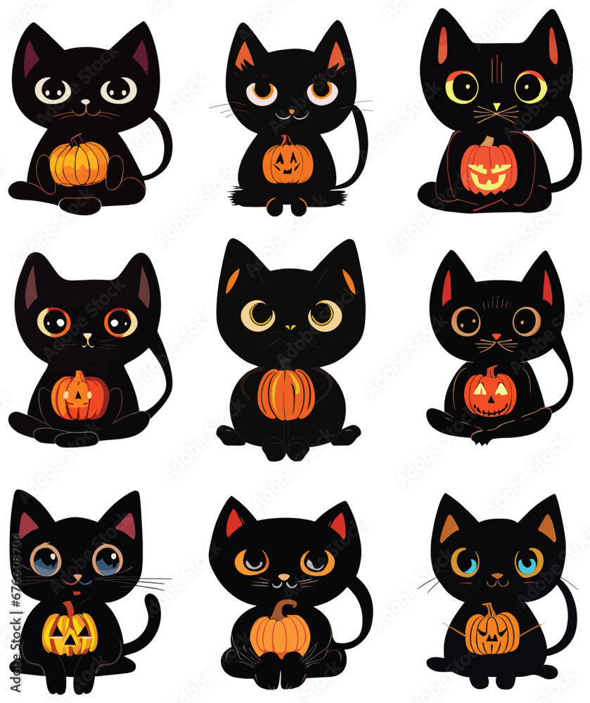 Cats holding a Halloween pumpkin vector set. Cute and cuddly. Ideal for creating scrapbooks, greeting cards, party invitations, posters, tags, and sticker kits. Cats holding a Halloween pumpkin vector set. Cute and cuddly. Ideal for creating scrapbooks, greeting cards, party invitations, posters, tags, and sticker kits.