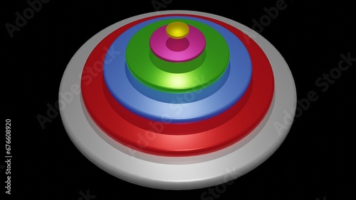Nested Systems. Circles within circles. Overlapping nested cylinders. Colorful circular shapes of different sizes. Collection of colored discs. 3d render illustration.