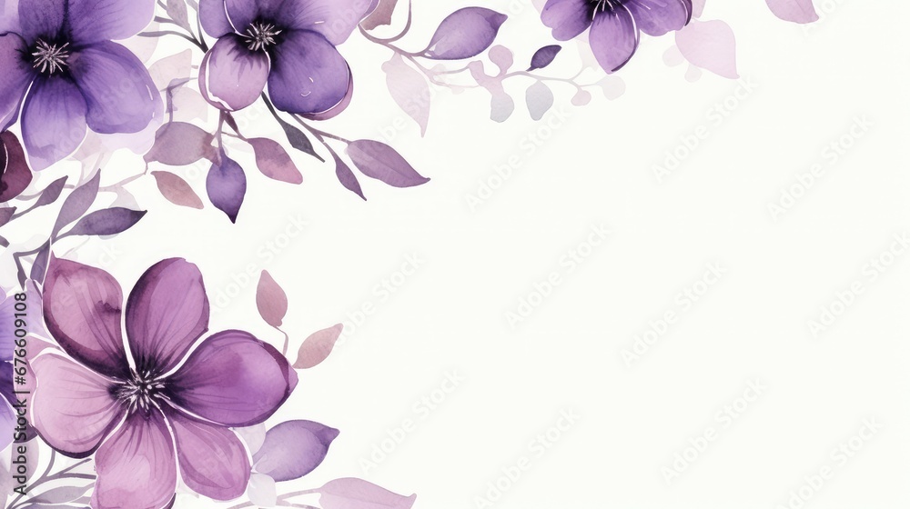 Fototapeta premium A Serene Symphony: Purple Watercolor Flowers Blossoming on a White Canvas