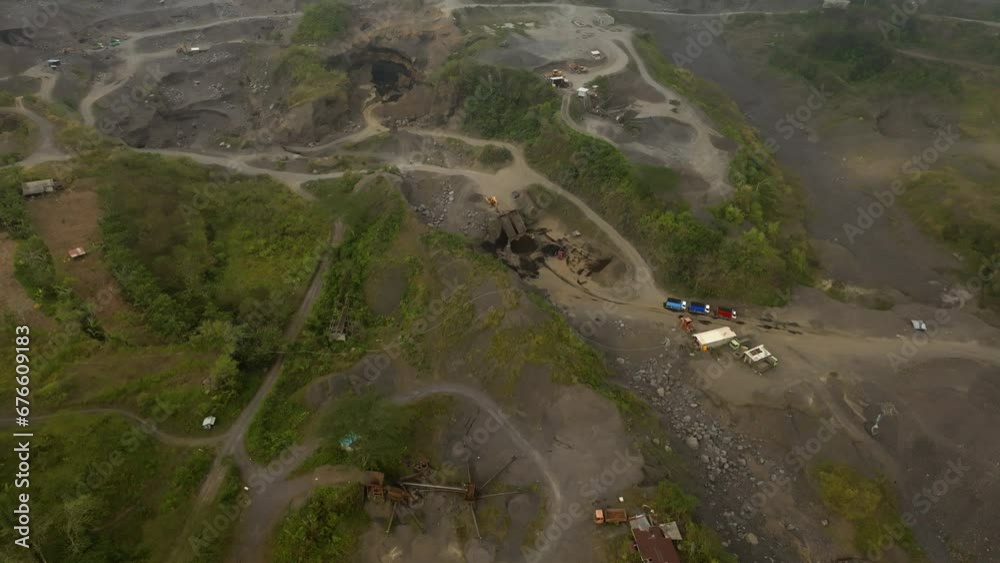 Aerial view of sand quarry, industrial extraction of sand in Bali. Aerial view of sand quarry, industrial extraction of sand in Bali.