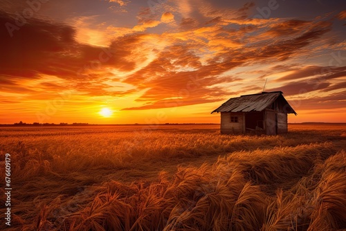 Sunset on a wheat field with a peasant hut photo