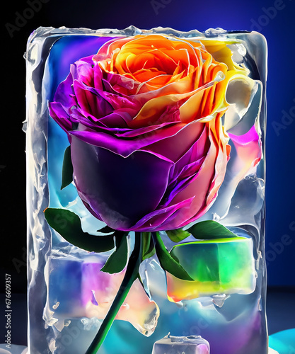  A beautiful rose frozen in an ice cube in the colors of the rainbow on a background from black in the center to deep blue at the edges Hyperrealistic style photo