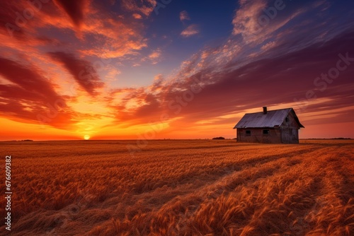 Sunset on a wheat field with a peasant hut photo