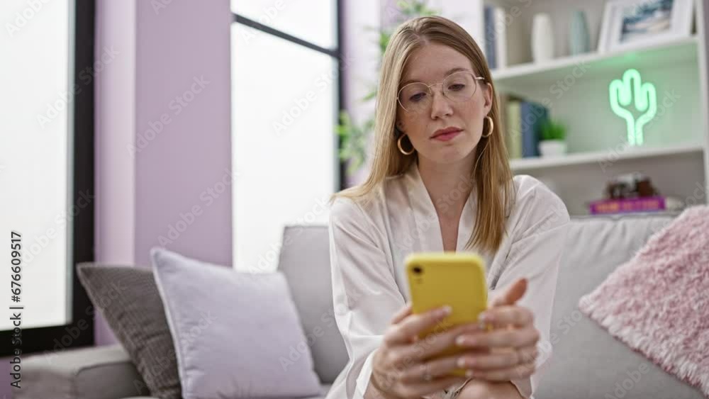 Young blonde woman using smartphone sitting on sofa at home Young blonde woman using smartphone sitting on sofa at home