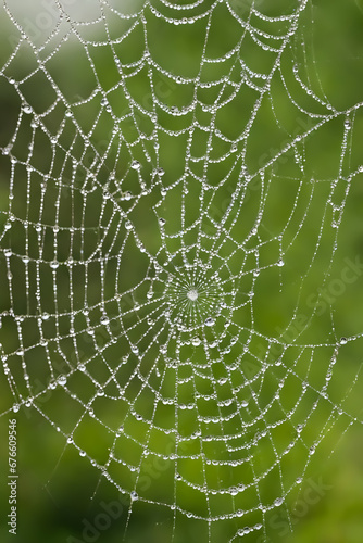 Glistening spider mesh delicately adorned with dew drops. The fragile threads of the web capture and reflect the morning dew. © Pawan