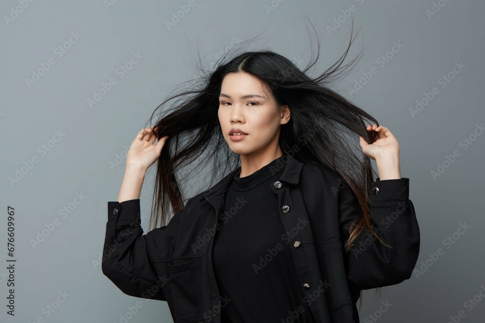 Grey woman girl healthy face portrait pretty background smile asian skin beauty fashion Grey woman girl healthy face portrait pretty background smile asian skin beauty fashion