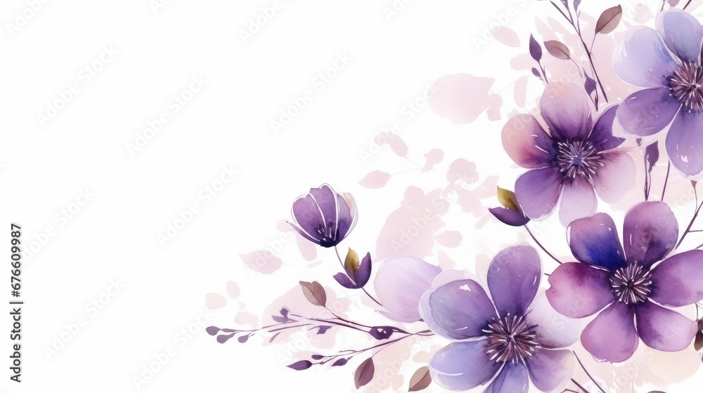 A Serene Symphony: Purple Watercolor Flowers Blossoming on a White Canvas A Serene Symphony: Purple Watercolor Flowers Blossoming on a White Canvas