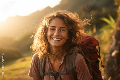 young girl with backpack hiking on the Way of St. James Generative Ai photo
