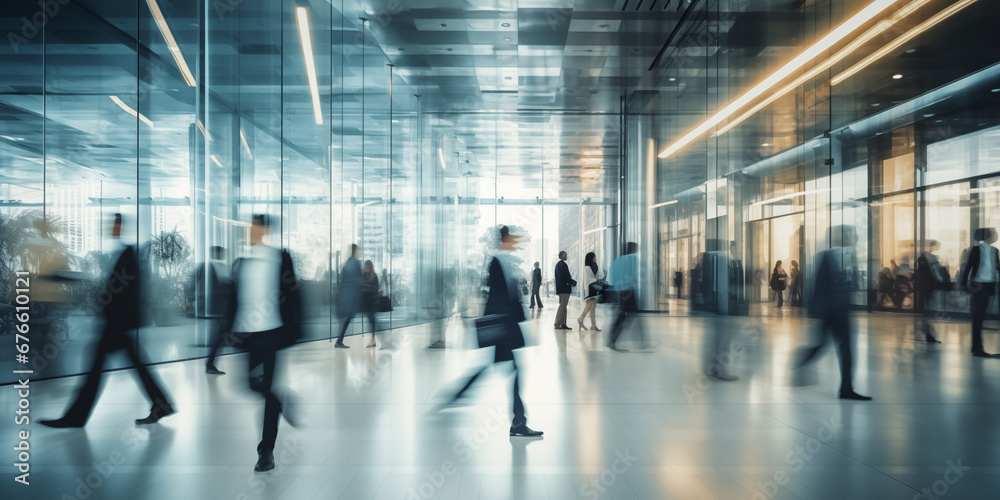 Professionals Walking in Modern Office Building Corridor, Dynamic Business Environment