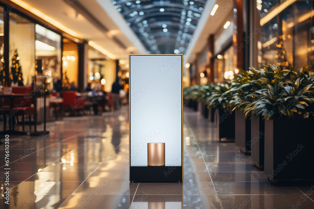 roll up mockup poster stand in an shopping center or mall environment as wide banner design with blank empty copy space area 