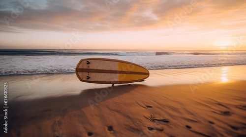 Surfboard on the beach at sunset, shallow depth of field