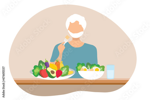 Healthy food for elderly couple concept, old man eating healthy food. Healthy aging for seniors care vector illustration