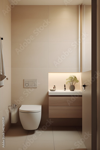 The bathroom is in a modern style in beige and calm shades. Consistent design  simplicity  minimalism  calm mood