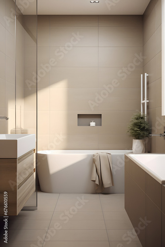 The bathroom is in a modern style in beige and calm shades. Consistent design  simplicity  minimalism  calm mood