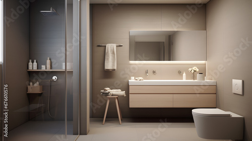 The bathroom is in a modern style in beige and calm shades. Consistent design, simplicity, minimalism, calm mood