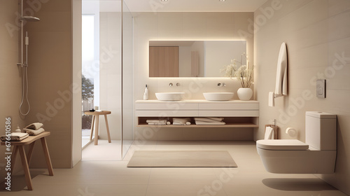 The bathroom is in a modern style in beige and calm shades. Consistent design, simplicity, minimalism, calm mood © toomi123