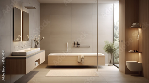 The bathroom is in a modern style in beige and calm shades. Consistent design, simplicity, minimalism, calm mood