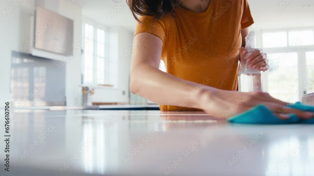 Woman at home in kitchen doing chores wiping and cleaning surface with antibacterial spray cleaner - shot in slow motion